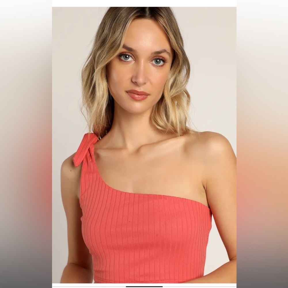 Let's Unwind Coral Ribbed Knit One-Shoulder Tie-Strap Crop Top